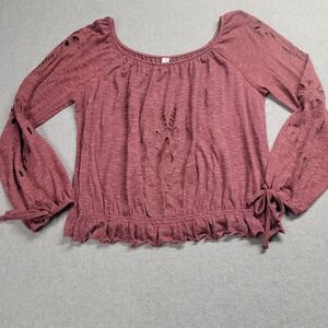 Free People Burgundy Bohemian Scoop Neck Elastic Waist‎ Top Women's Size XSmall